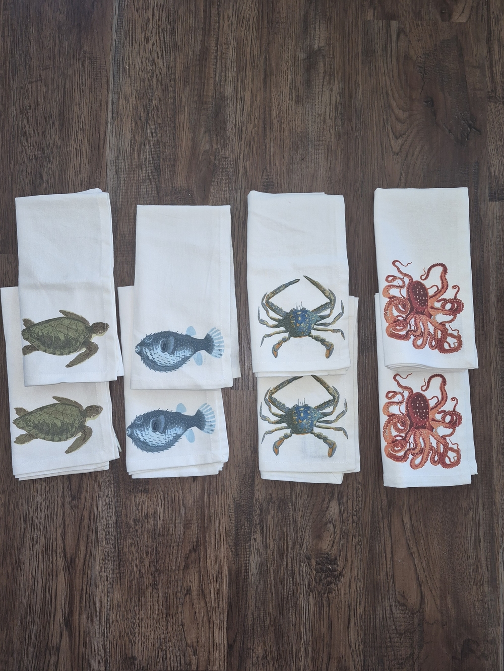 8 Pottery Barn Playa Sea Life Napkins/towels Octopus Turtle Crab Puffer Fish